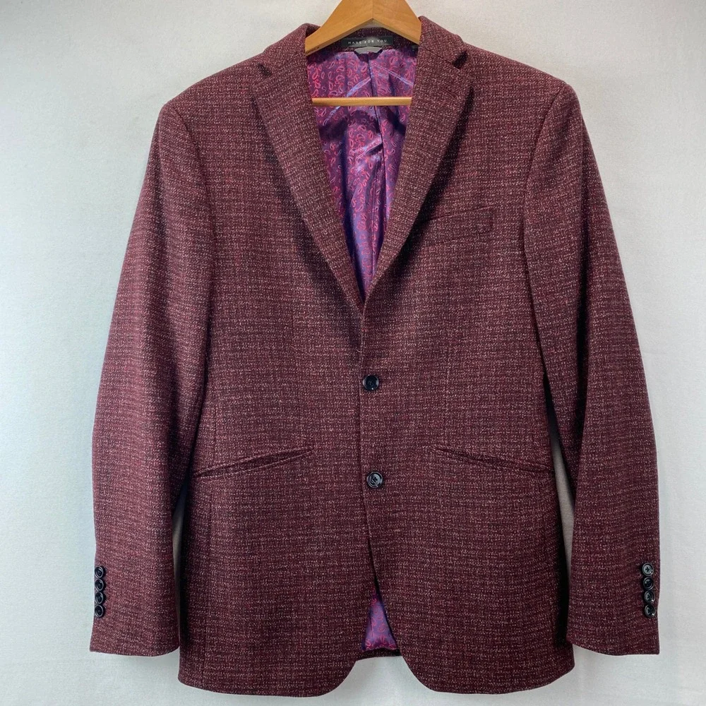 Indochino Sports Coat Mens 38R 30x30 Burgundy Wool Blend Paisley Lining Textured
